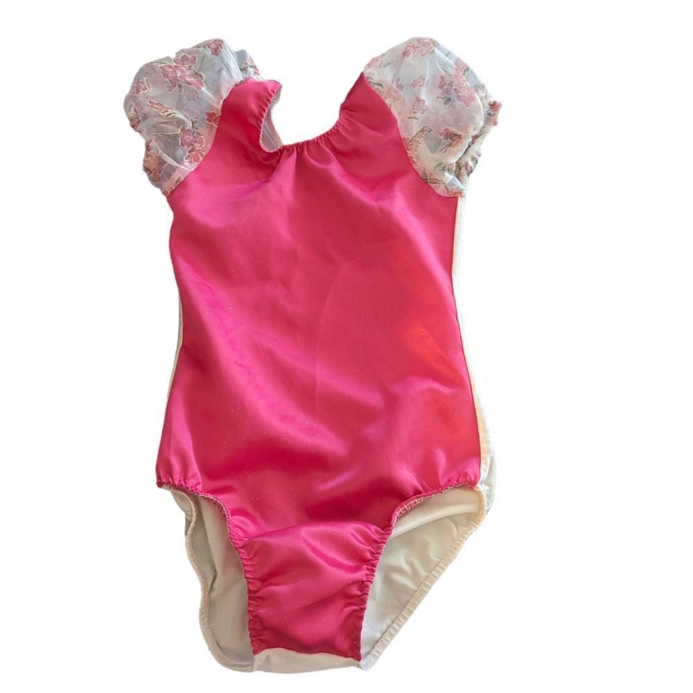 Vintage girls pink and floral print dance gymnastic outfit leotard